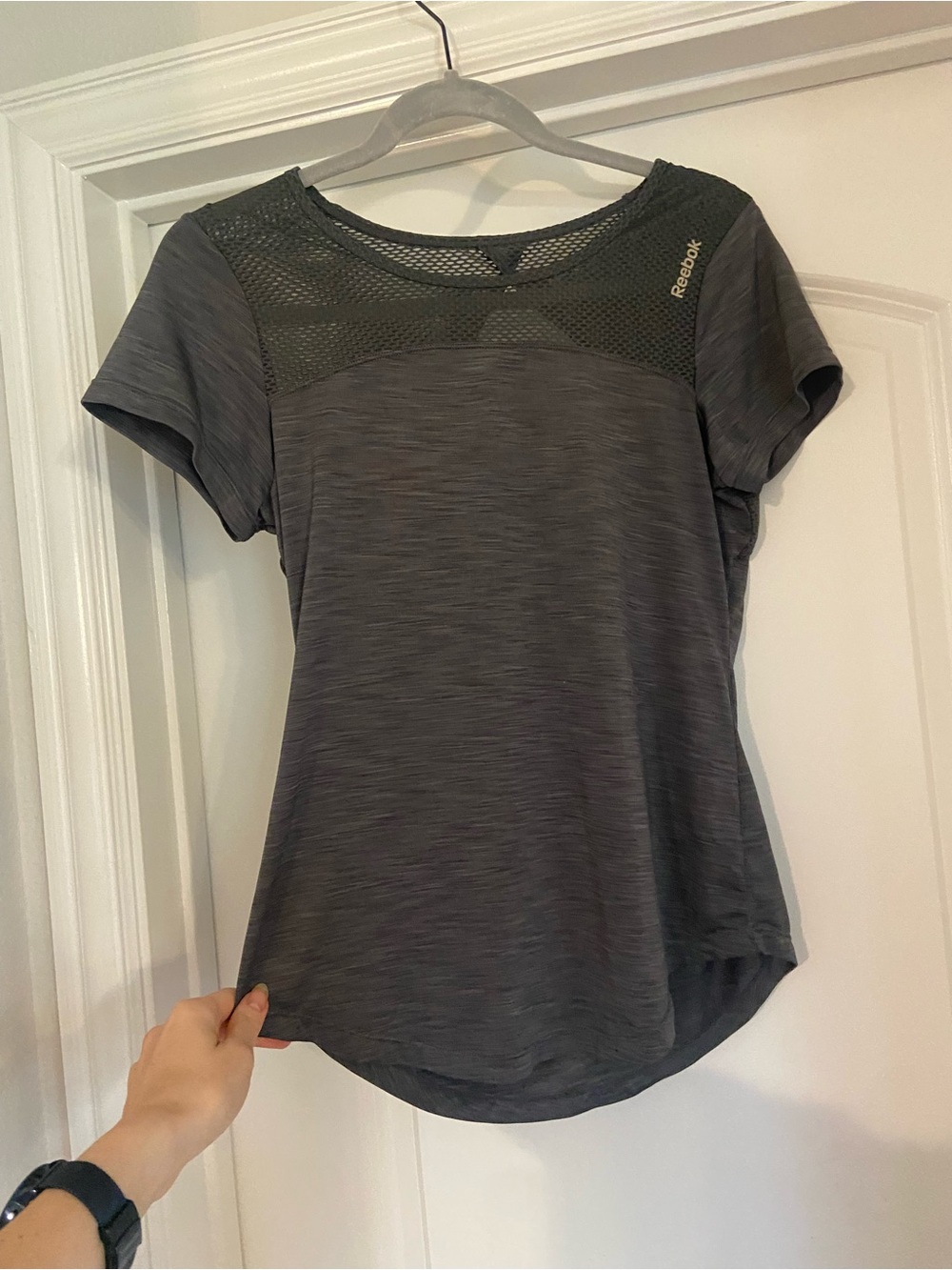 Reebok Women's Gray Mesh Yoke Short Sleeve Top
